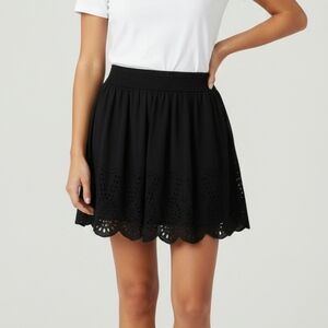 Umgee Black Mini Skirt Women's LG with Eyelet Hem Linen Blend, Boho, Whimsical